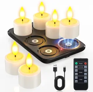 6pcs Rechargeable Flameless Compact Artistic Blinkable Cluster Ac-Powered Tiny LED Votive Candles, with Remote, Magnetic Charging Base, Timer, Waterproof Design, for Home Lantern Wedding Decor, Artistic Candle Lights, Blinkable Candle Lights