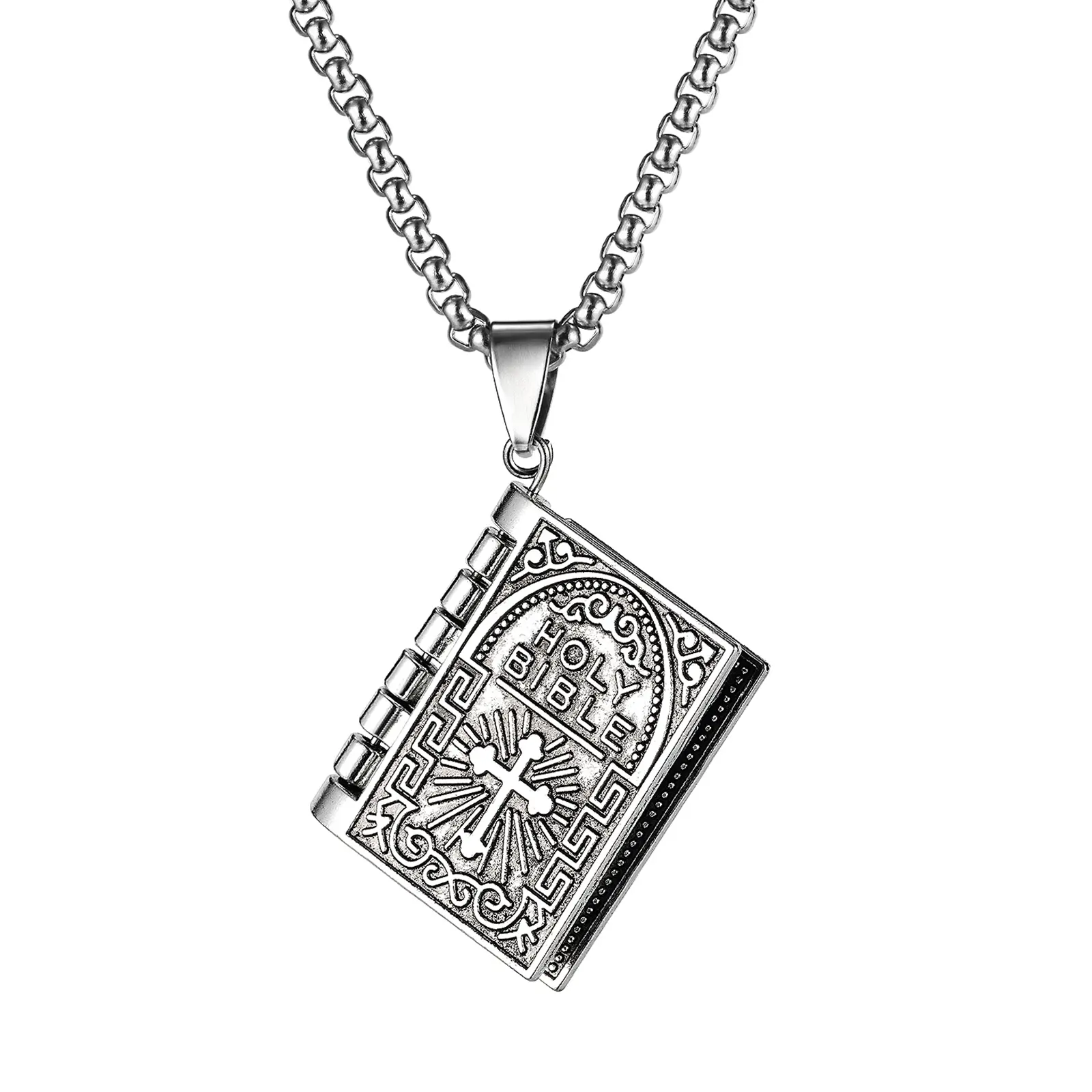 OIDEA Men's Bible Locket Necklace with Scripture Verse, Punk Cross Alloy Pendant on a 60cm Stainless Steel Chain, Religious Faith Message Church Gifts, Cross Necklaces, Scripture Verse Necklaces
