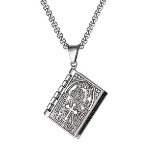 OIDEA Men's Folio Opened Bible Pendant Necklace - Stainless Steel & Alloy Metal Chain, Punk Cross, Statement Religious Necklace, Religious Jewelry Gift for Father