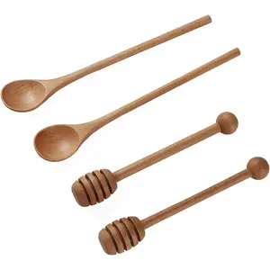 Set of 2 honey dippers (6 inches) and set of 2 stirring spoons with long handles (7.87 inches), made of beech wood—for honey, coffee, iced tea, cocktails—ideal for home kitchens and wedding party favors.