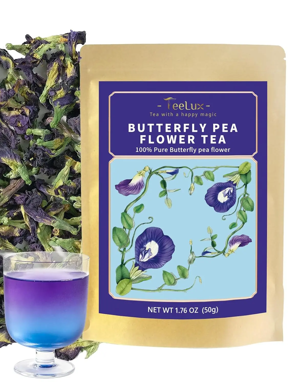 TeeLux Butterfly Pea Flower Tea, 1.76oz Whole Blue Pea Flower Caffeine Free | Naturally Creates Vibrant Blue to Purple Colors, Mild Taste, Non-GMO, Great for Creative Drinks & Desserts, Hot or Iced