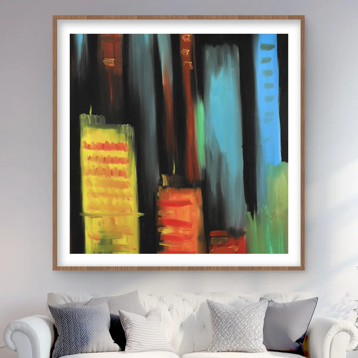 212 MAIN 48x48 in. Framed Abstract Skyscrapers Print - Artistic Minimalist Vibrant Home Wall Decoration, Bedroom Gallery Wall Accent