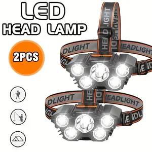 A multi-functional 5LED headlamp for headworn use in the outdoors, with USB charging capability. It is a fishing headlamp with strong light in four modes. It is suitable for camping, work, maintenance, car repair, and decoration. waterproof head