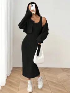 Women's New Fall Ribbed Knit Drop Shoulder Jacket & Slim Fit Mid-Length Casual Dress Set, Button Front, Long Sleeve, Comfortable Home Wear, Outfit, Womenswear