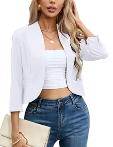 YESFASHION Womens Cropped Blazer Casual Business 3/4 Sleeve Collarless Open Front Cardigan Work Jacket Shrug