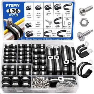 136PCS Cable Clamps Assortment Kit 304 Stainless Steel Rubber Cushion Pipe Clamps 10 Sizes 1/4" 5/16" 3/8" 1/2" 5/8" 3/4" 1" 1-1/4" 1-1/2" 1-3/4" Metal Wire Clamps (With two kinds of screws)