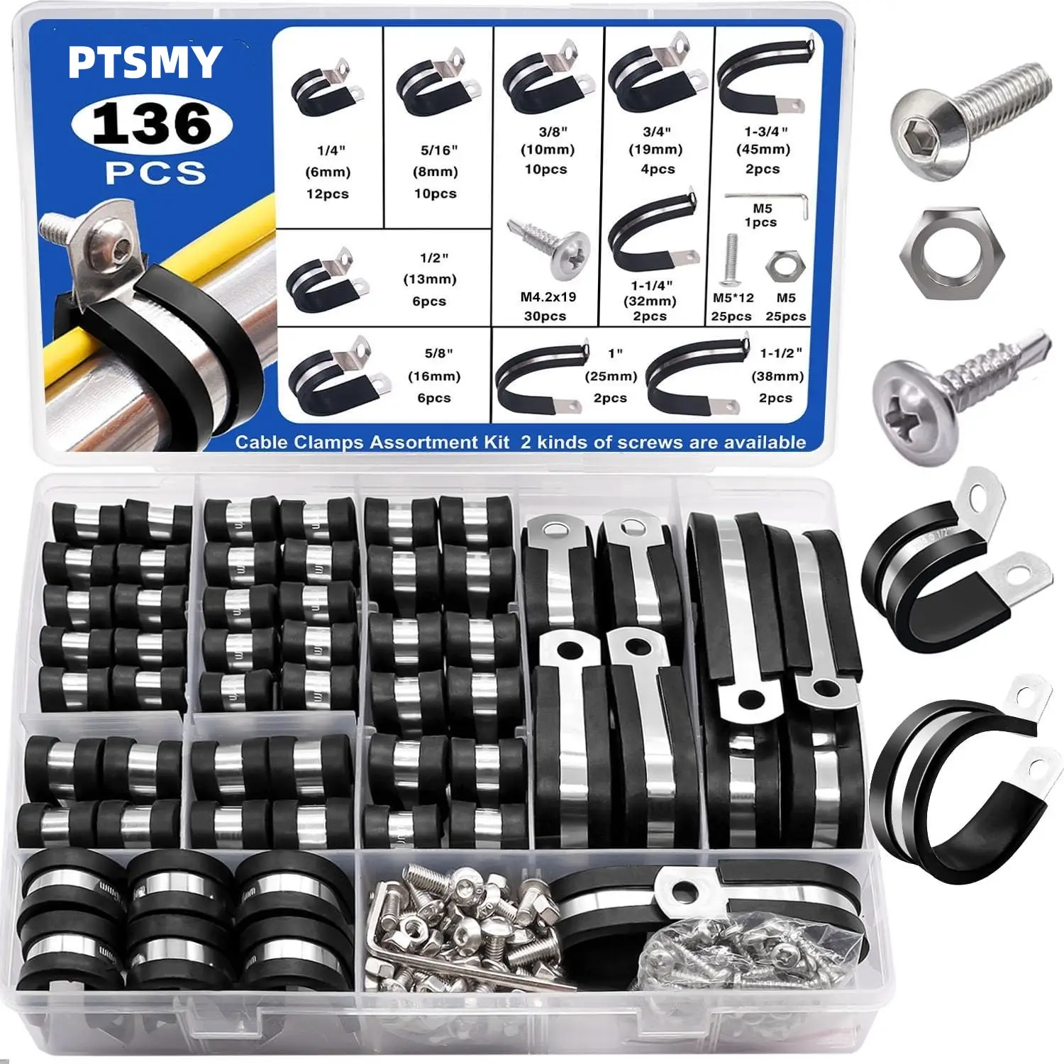 136PCS Cable Clamps Assortment Kit 304 Stainless Steel Rubber Cushion Pipe Clamps 10 Sizes 1/4" 5/16" 3/8" 1/2" 5/8" 3/4" 1" 1-1/4" 1-1/2" 1-3/4" Meta