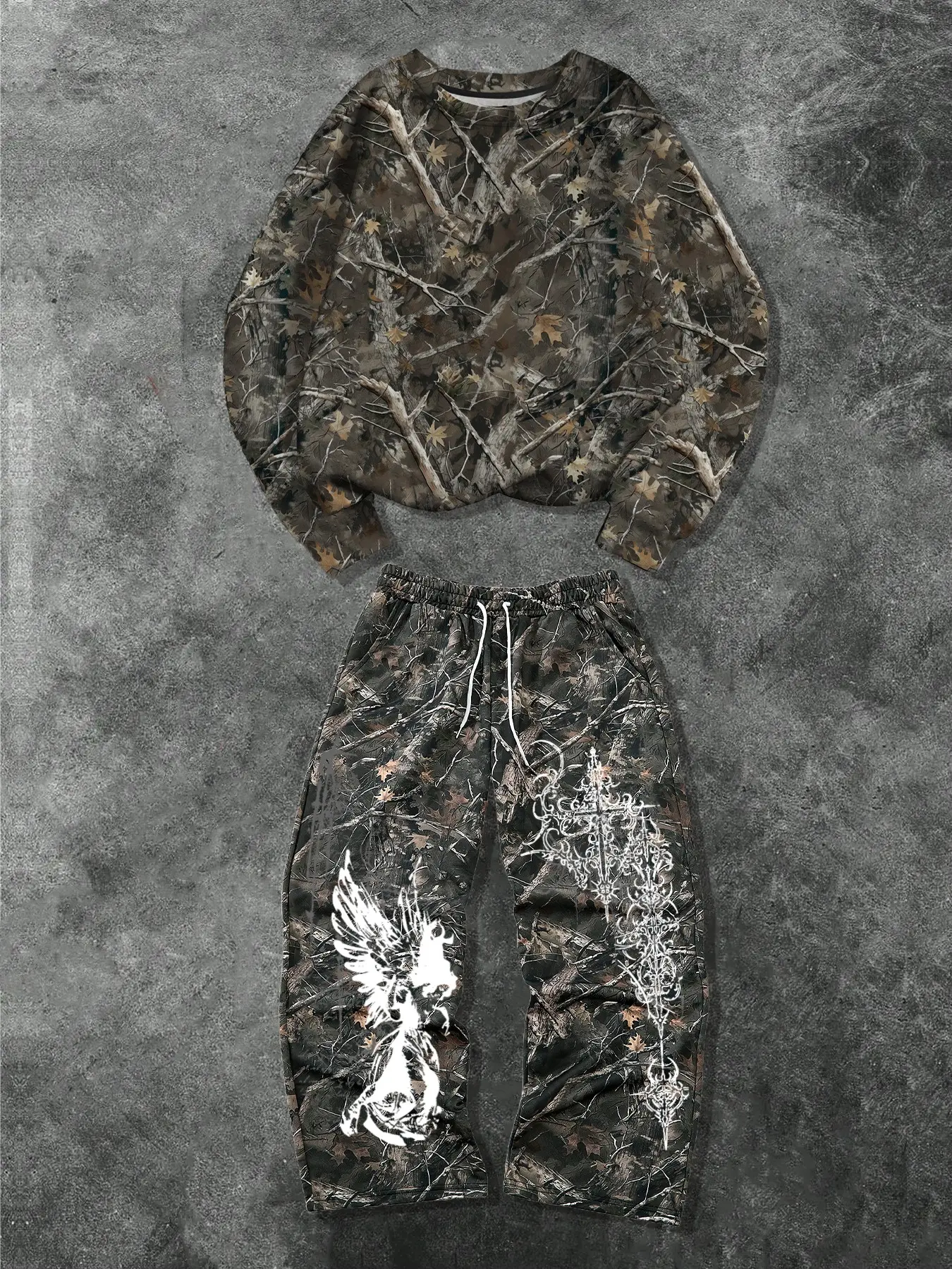 Men Women Camo Set Fashion Street Style Jungle Graphic Angel Long Sleeve Hoodie & Long Pants, Casual Loose Fit Spring Fall, Versatile Camouflage Clothing