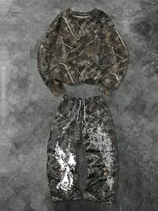 Men Women Camo Set Fashion Street Style Jungle Graphic Angel Hoodie & Long Pants, Casual Loose Fit Spring Fall, Versatile Camouflage Clothing