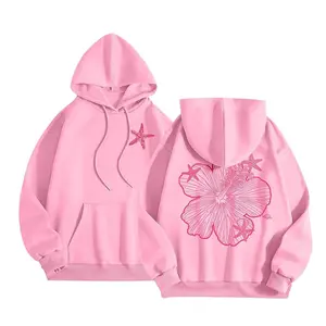 Aesthetic Oversized Hoodie for Women, Cute Graphic Starfish Hibiscus Flower Sweatshirt, Soft Beige Fall Streetwear Pullover, Beach Hoodie