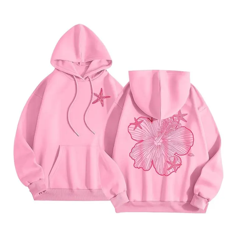 Aesthetic Oversized Hoodie for Women, Cute Graphic Starfish Hibiscus Flower Sweatshirt, Soft Beige Fall Streetwear Pullover, Beach Hoodie