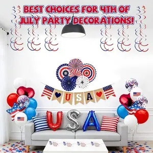 4th of July Patriotic Decorations Set - Lightweight Colorful Red White Blue Plastic Kit with USA Foil Balloons, Paper Fans, Confetti Balloons, Hanging Streamers, Star Confetti Flags for Independence Day Photo & Print Parties