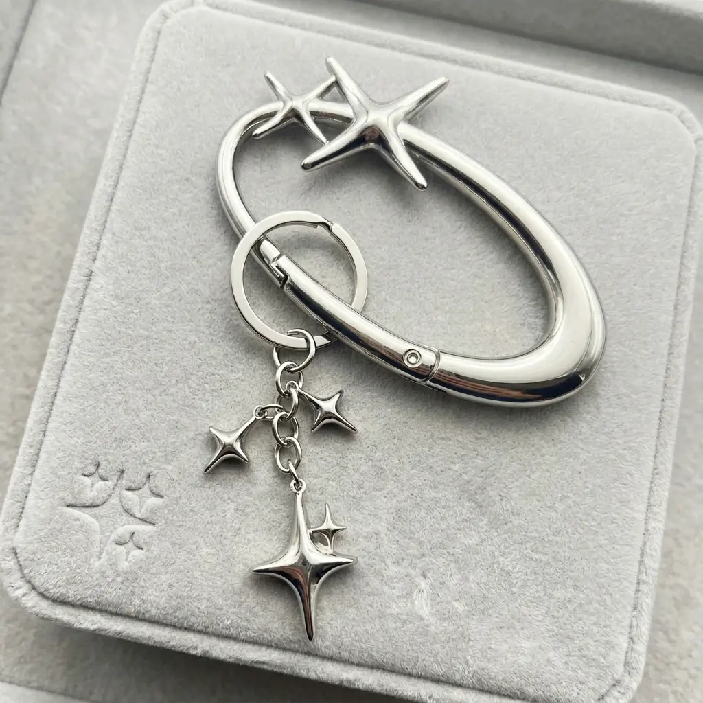 Y2K 4-Pointed Star Metal Carabiner Keychain, Silver Oval Spring-Clip Key Ring with Multi-Star Dangle Charms, Aesthetic Bag Pendant for Backpack Handbag Accessories