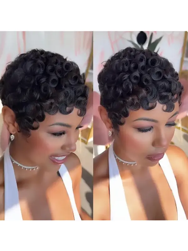 Wigs for Black Women, Curly Pixie Cut Brazilian Virgin Human Hair Wig, Glueless Short Layered Style with Bangs, Natural Black and 99J Burgundy Colors, Realistic Natural Look, Perfect for Daily Wear