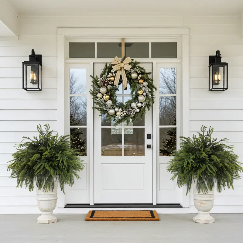 Artificial Norfolk pine stems styled in seasonal porch planters
