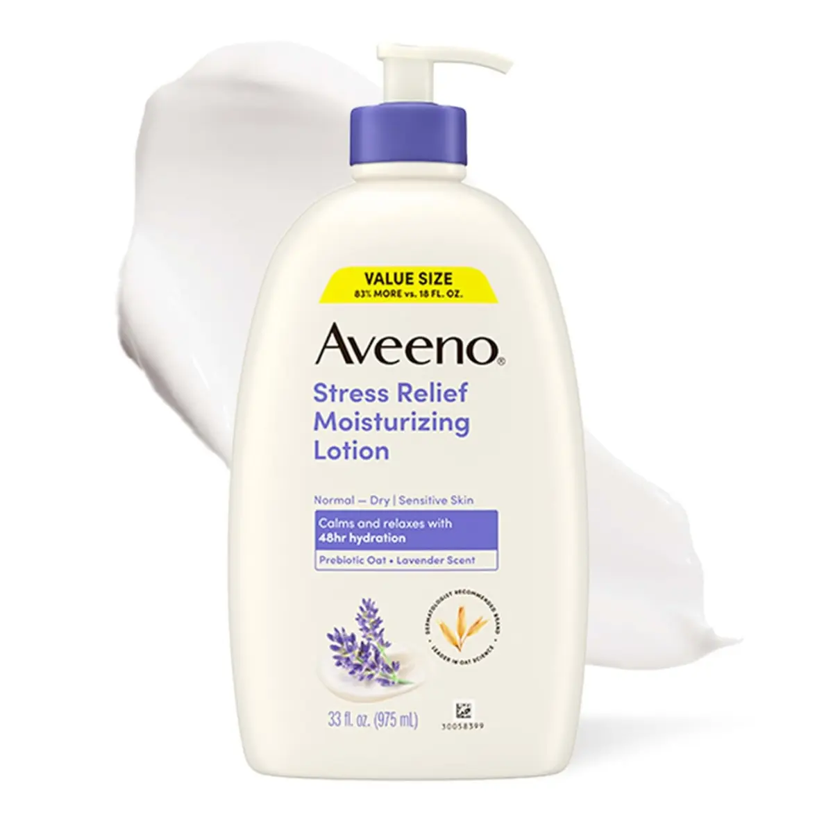 Aveeno Stress Relief Moisturizing Body Lotion, Lavender Scent with Prebiotic Oat for Sensitive Skin, Lightly Scented Lotion with 48-Hour Hydration, Fast Absorbing, Non-Greasy, Value Size 33 Fl Oz