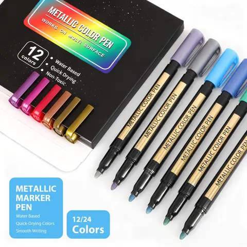 Metallic Paint Marker Pen, 12/24pcs Colorful Shimmer Glitter Marker Highlighter Pen, Art Markers Set, Markers for Coloring, Paint Marker for Diy Arts Crafts, Glass, Wood, Card Making, Drawing, Paint Pens Markers, Metallic Sparkle Pen