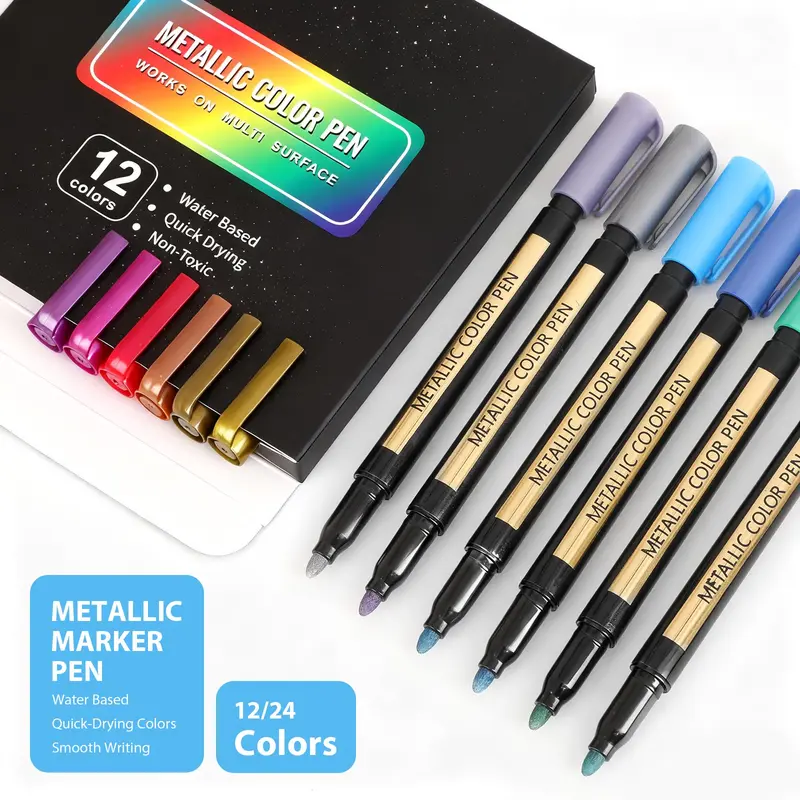 Metallic Paint Marker Pen, 12/24pcs Colorful Shimmer Glitter Marker Highlighter Pen, Art Markers Set, Markers for Coloring, Paint Marker for Diy Arts Crafts, Glass, Wood, Card Making, Drawing, Paint Pens Markers, Metallic Sparkle Pen