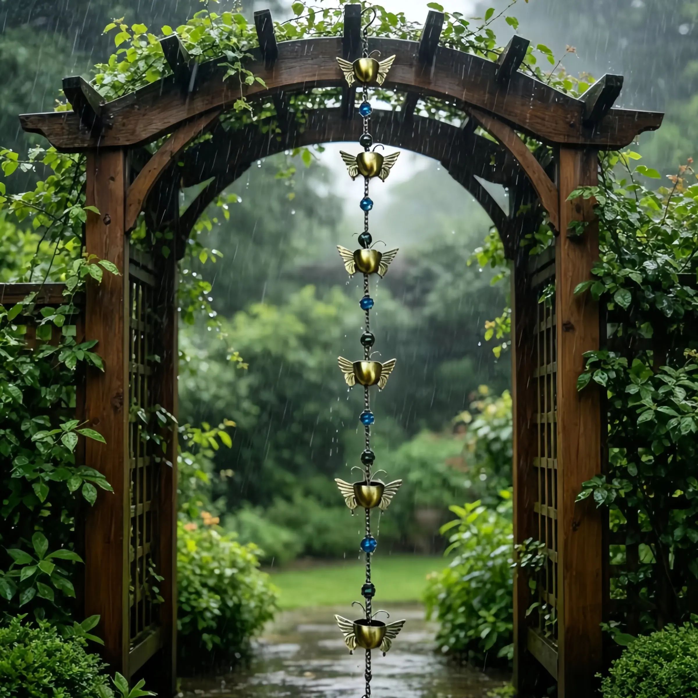 Outdoor Rain Chain with Blue Beads, Butterfly Metal Cup Rainwater Collection Chain, Gutter Drain Replacement Downspout Mounting, Garden Decor, Garden Accessories