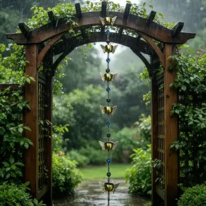 Outdoor Rain Chain with Blue Beads, Butterfly Metal Cup Rainwater Collection Chain, Gutter Drain Replacement Downspout