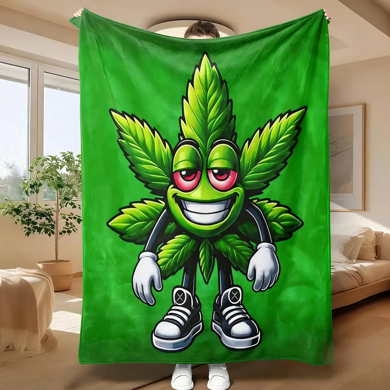 1pc -Themed Blanket with Smiling Leaf & Weed Characters - Soft Plush Flannel All-Season Cozy Throw Suitable for Bed, Couch, Travel & Camping - Green & Black Marijuana Leaf Patterns Indoor/Outdoor Bedspread