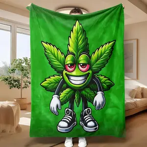 1pc -Themed Blanket with Smiling Leaf & Weed Characters - Soft Plush Flannel All-Season Cozy Throw Suitable for Bed, Couch, Travel & Camping - Green & Black Marijuana Leaf Patterns Indoor/Outdoor Bedspread