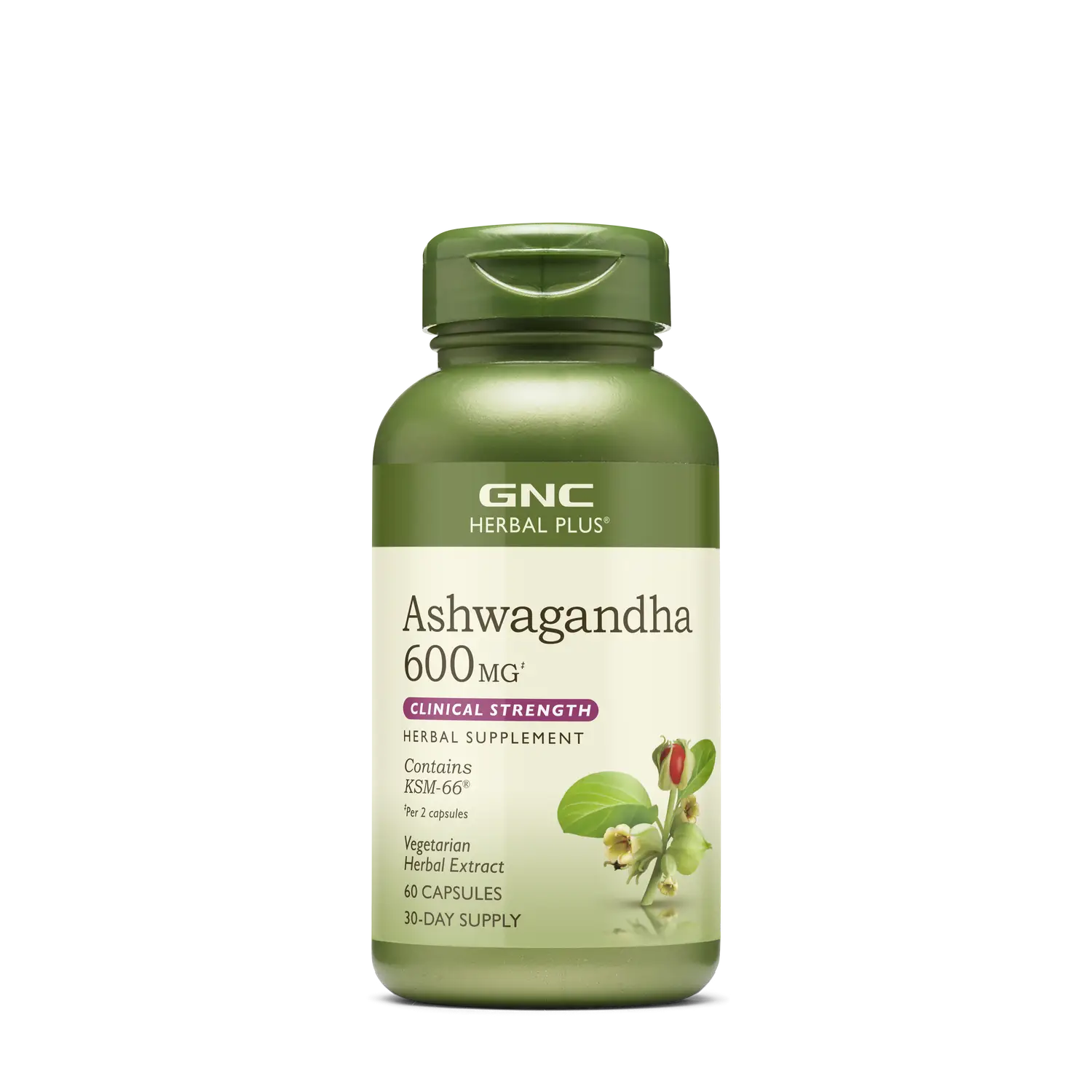 GNC Herbal Plus Ashwagandha 600mg, Stress Relief Support, 60 Capsules, Healthcare Fitness Herbal Supplements, Clinical Strength, Vegetarian, Edible