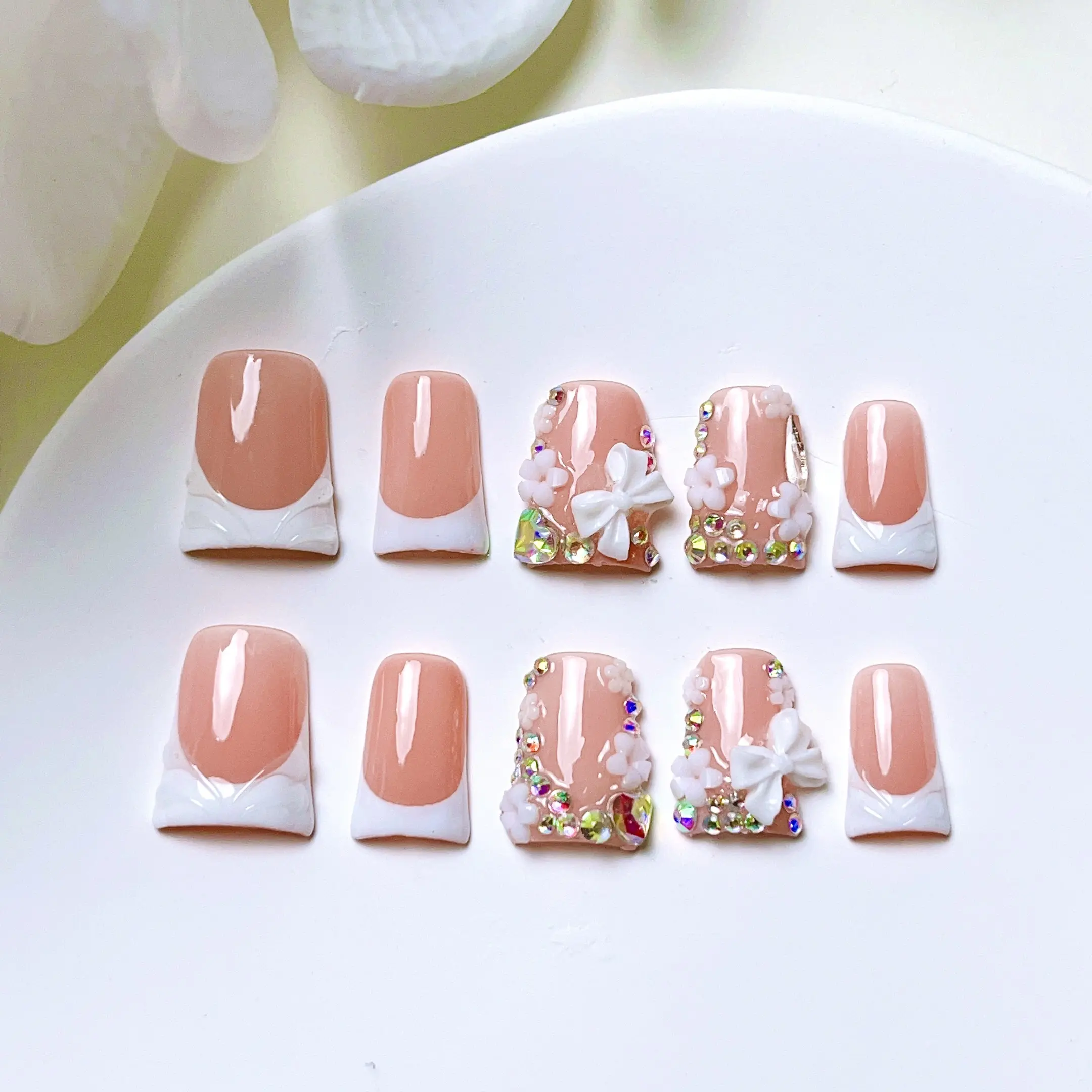 Nailrosy 10Pcs Handmade Press-on Nail Sets, Short Duck Flare Style with White French Tips, Rhinestones, Bows, Glossy Finish Manicure Kit for Women, Handmade Press On Nails, Nail Press On Nails