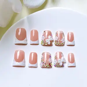 nailrosy 10Pcs Handmade Press-on Nails Set, Short Duck Flare Nails with White French Design, Rhinestones, Bow, Glossy Finish & Storage Box, Ideal Gift for Women