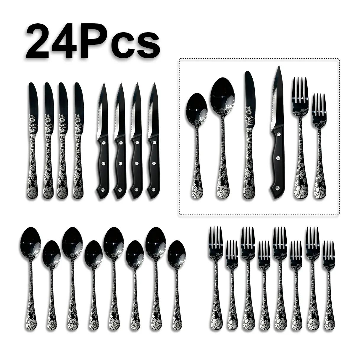 24-Piece Stainless Steel Cutlery & Dinnerware Set, Stylish Black Laser-Textured Tableware for 4 - Forks, Spoons, Knives, Soup Ladle, Fruit Fork, Serrated Steak Knife, Dishwasher Safe, Ideal for Home, Gifting
