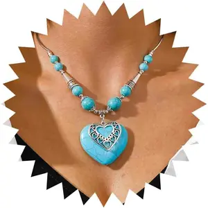 Boho turquoise large heart choker necklace ethnic love heart pendant necklace Western turquoise beads necklace heart turquoise necklace vintage statement necklace jewellery chain for women