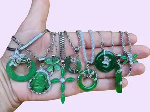 Green Malay Jade  Pendant Necklace with Stainless Steel Chain