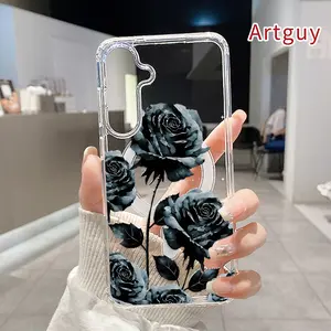 Monochrome Rose Elegance Pattern Magnetic Phone Case for Samsung Galaxy S26 Edge S23 Ultra S24 Plus FE S25 S22+ Non-Yellowing Clear Crystal Drop-proof Slim Silicone Shockproof Transparent Acrylic Large Hole Cover Supports Wireless Charging