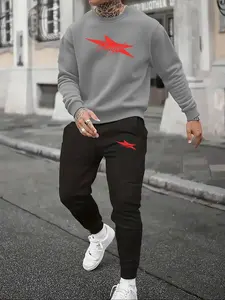 Men's Star Angel Print Round Neck Sweatshirt & Long Pants Set, Casual Fitted Drawstring Pockets, Fall Winter Comfortable