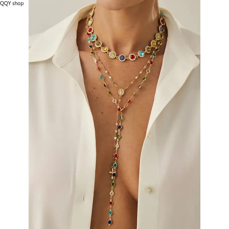 【Summervibes】Boho Style Women Alloy Necklace Set, Colorful Crystal Pendant Layered Necklaces, Retro Bohemian Chic Fashion Jewelry, Elegant All-match Neck Accessory for Daily Casual Wear, Vacation Styling and Sweet Holiday Gifts