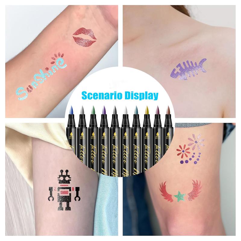 10PCS Temporary Tattoo Markers  for Skin Body Markers 10 Colors Tattoo Pens 5 Stencils Waterproof Sweatproof Long-lasting Face Paint Kit Cosmetic Quality Easy To Remove Perfect for Parties Festive Gifts Halloween Makeup Christmas Gifts