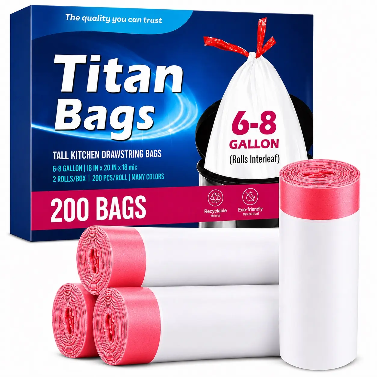 TP HTown Heavy Duty Drawstring Trash Bags, 6 Gal, 20x22 In, 18 Mic - Rolled Garbage Bags for Kitchen, Bathroom