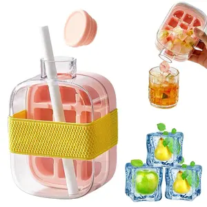 2-in-1 Ice Cube Water Bottle with Straw – Easy Press Silicone Ice Tray & Insulated Leak-Proof Bottle | Vertical Freezer Ice Maker | Travel, Gym & Home Use | Modern Shaped Utensil (800ml)