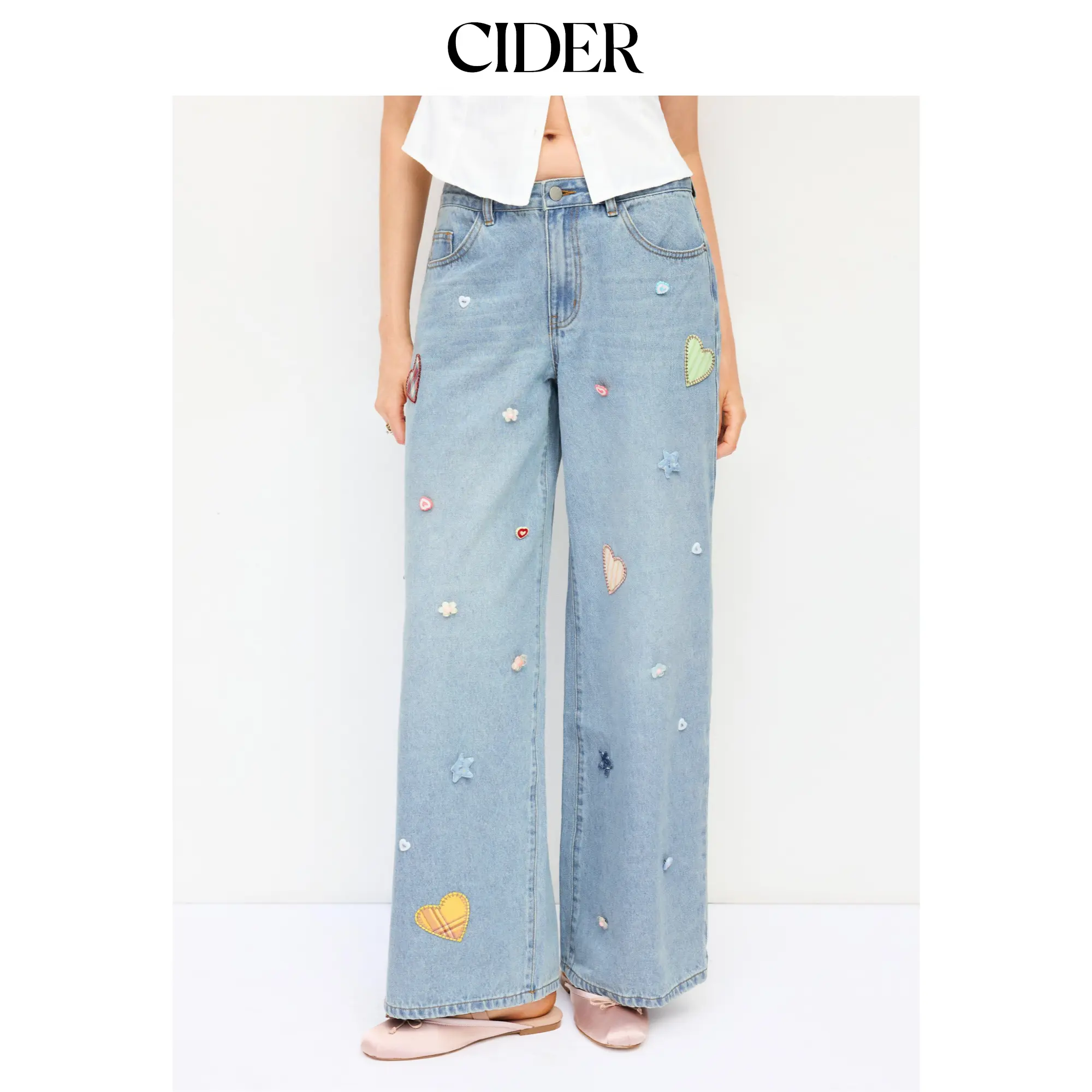Cider Denim Low Rise Heart & Star Graphic Applique Wide Leg Jeans