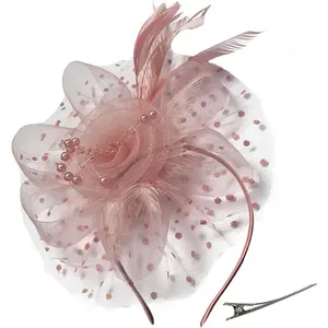 Women's Fascinators Tea Party Wedding Mesh Flower Pearl Feather Fascinator Hat with Headband and Clip