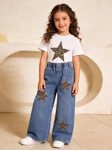Girls' Leopard Print Star Pattern Jeans Set, Casual Short Sleeve T-Shirt + Denim Wide Leg Pants, Comfortable Elastic Waist, Ages 1-8, Kid, Casual Fashion Set