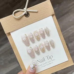 Liliana Nails 3D Flower Reusable Acrylic Handmade Press on Nails Milky Floral Medium Short Fake False Nail Polish Glossy Finish Natural Fit