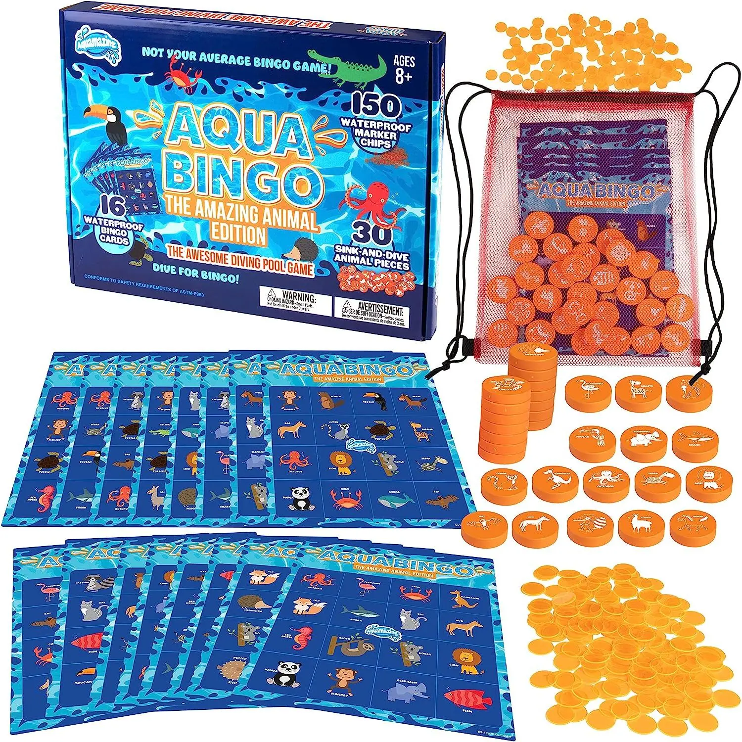 Aqua Pool Bingo Diving Game for Adults & Kids - Dive for & Call 75 Sinking Numbers, Fill Your Card To Win - Summer Swimming Party Fun