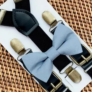 Dusty Blue Bow Tie & Black Suspenders Set