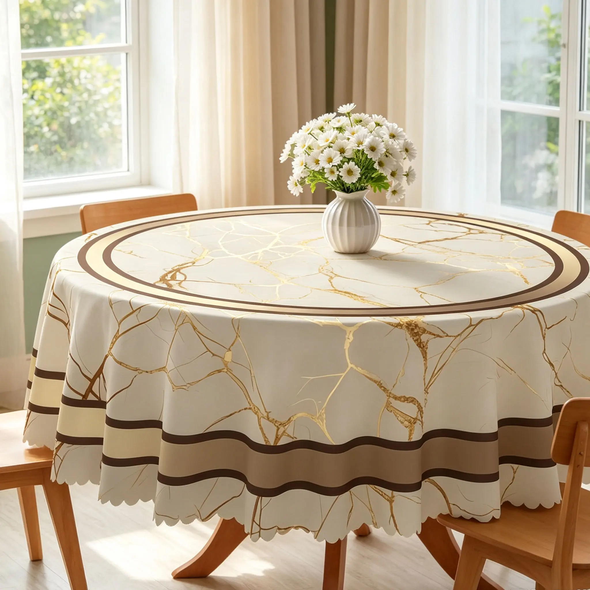 Gold Marble Round Tablecloth, Elegant White & Beige Marble Print Table Cover with Modern Border, Luxury Dining Table Decor for Kitchen, Party & Everyday Use