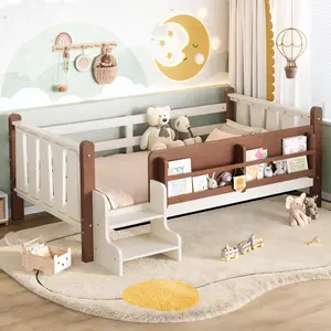 Floor Bed with Storage Bookcases, Solid Wood Platform Bed with Stairs and Guardrails, No Box Spring Needed – Twin/Full/Queen, Multiple Colors