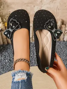 New Women's Flat Shoes, Fashionable Rhinestone Bow Design, Non-Slip Sole, Casual Textile Upper, All Seasons, Solid Pattern, Slip On Flats