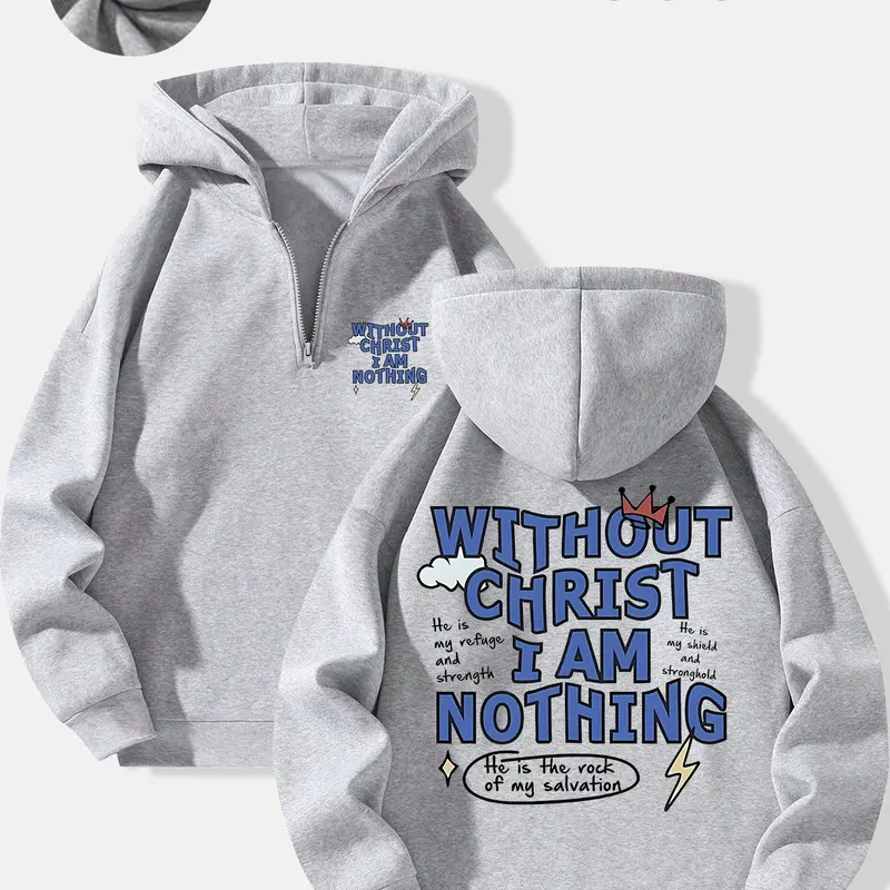 Men's Half-Zip Hoodie, Casual Loose-Fit Graphic Hooded Pullover Sweatshirt, Perfect for Daily Wear, Comfortable Knitted Fabric, Ideal for Fall & Winter, Graphic Hoodies
