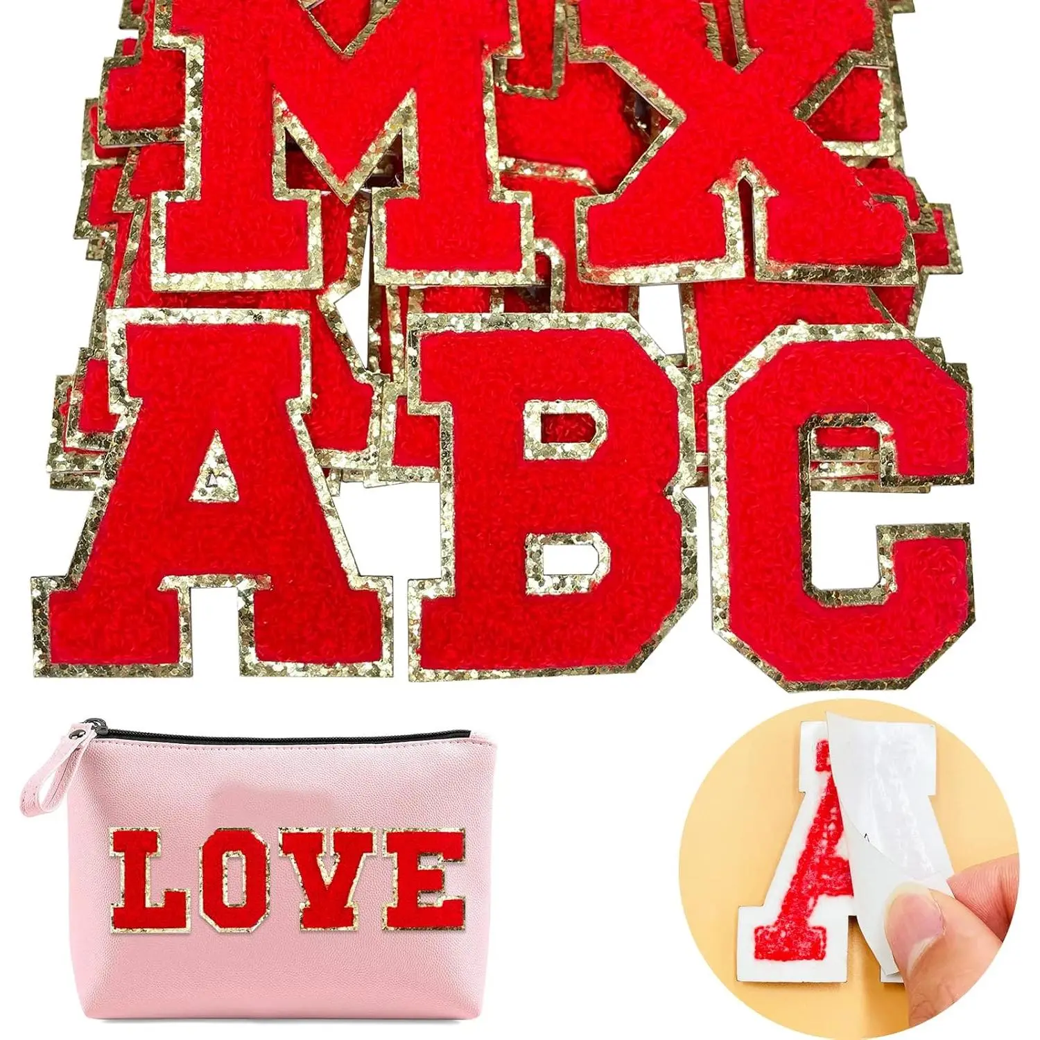 Chenille Letter Patches Self Adhesive Letters,Iron on Letters for Clothing, 26 count Varsity Fuzzy Patch Letters Glitter Stick on Letters - Red