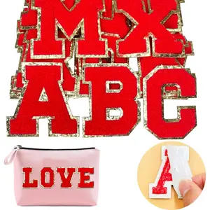 Chenille Letter Patches Self Adhesive Letters,Iron on Letters for Clothing, 26 count Varsity Fuzzy Patch Letters Glitter Stick on Letters - Red